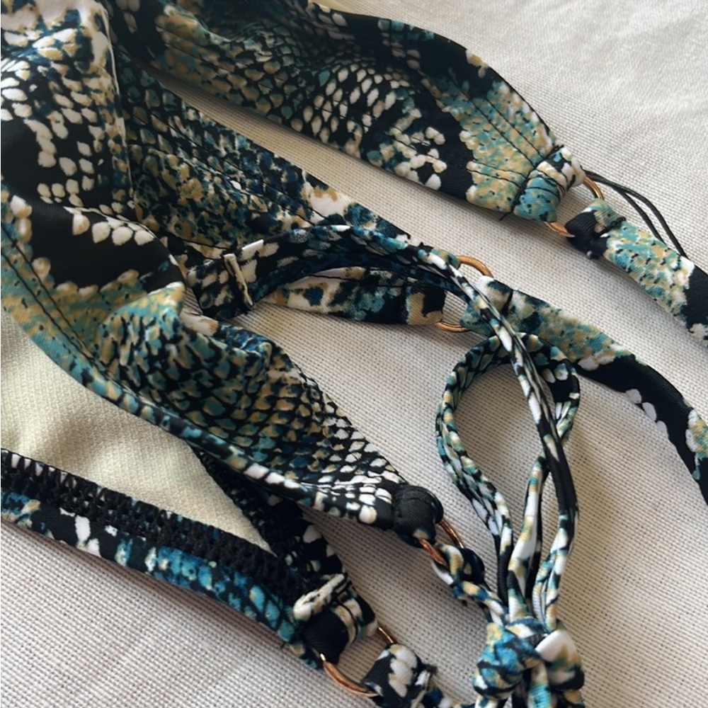 Lg NEW Shade & Shore Cheeky Triangle Tie Ruched Bikini Bottoms Blue Snakeskin - Picture 5 of 8